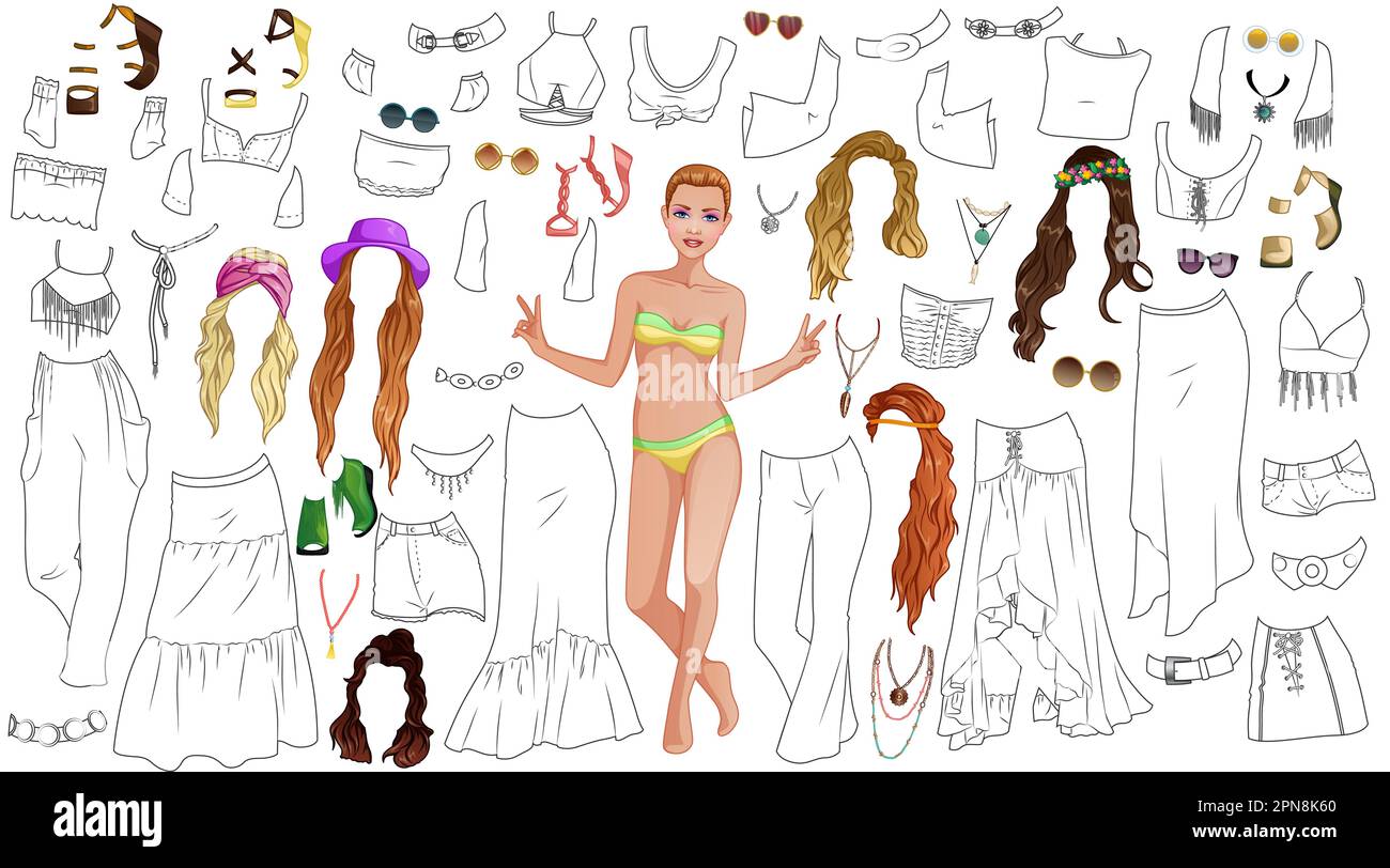 Hippie hottie coloring page paper doll with female body template clothing hairstyles and accessories vector illustration stock vector image art