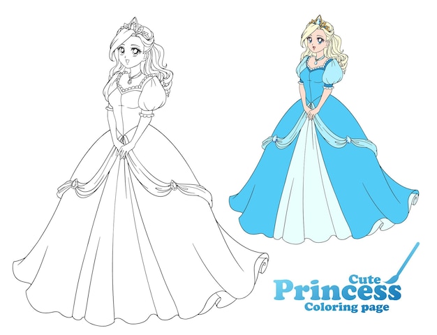 Premium vector pretty anime princess standing and wearing beautiful ball dress hand drawn vector illustration for coloring book game paper doll poster shirt card design