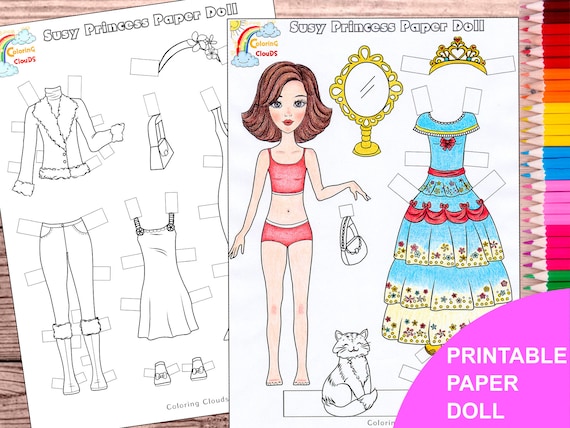 Princess paper doll paper doll printable instant download coloring paper doll paperdoll printable coloring page digital paper doll instant download