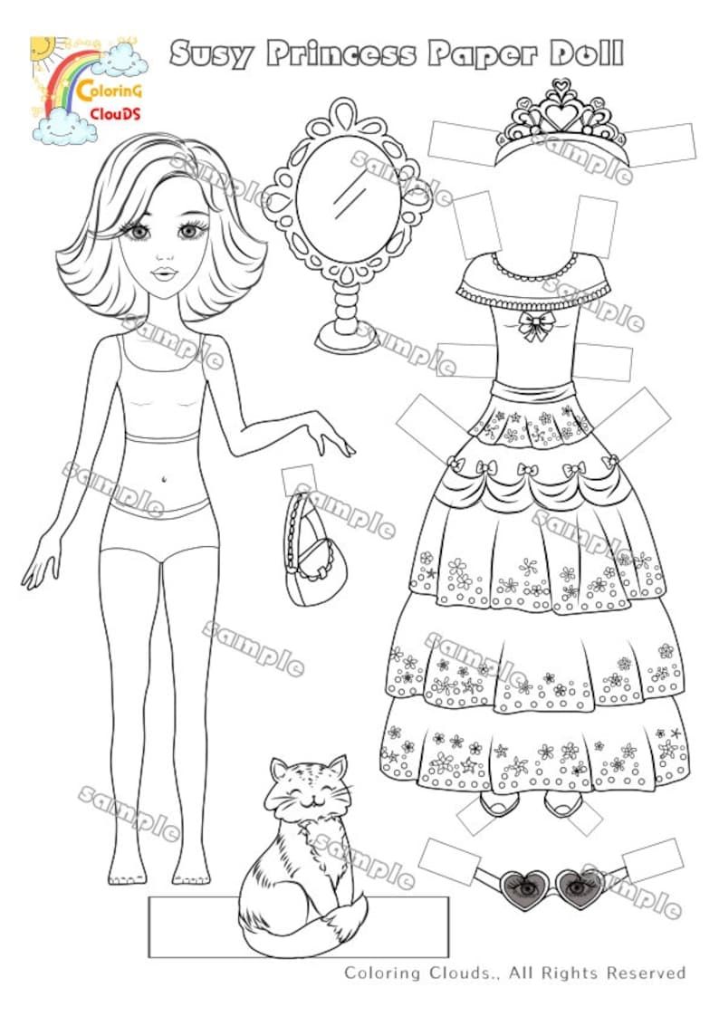 Princess paper doll paper doll printable instant download coloring paper doll paperdoll printable coloring page digital paper doll instant download
