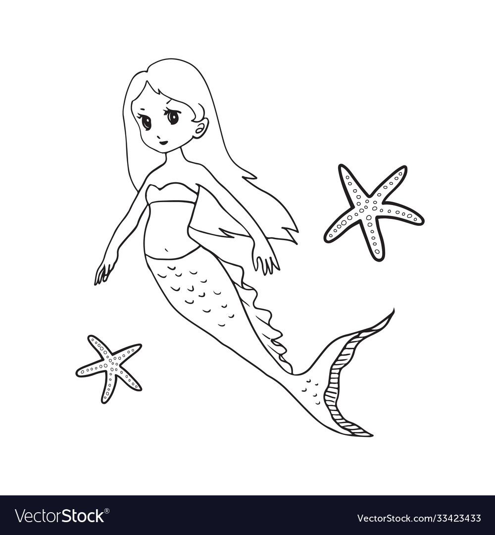 Cute line art mermaid colouring page for happy kid