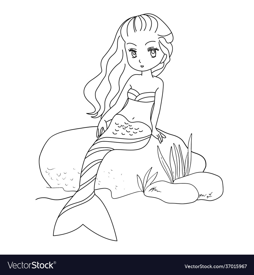 Cute line art colouring page for kids mermaid vector image