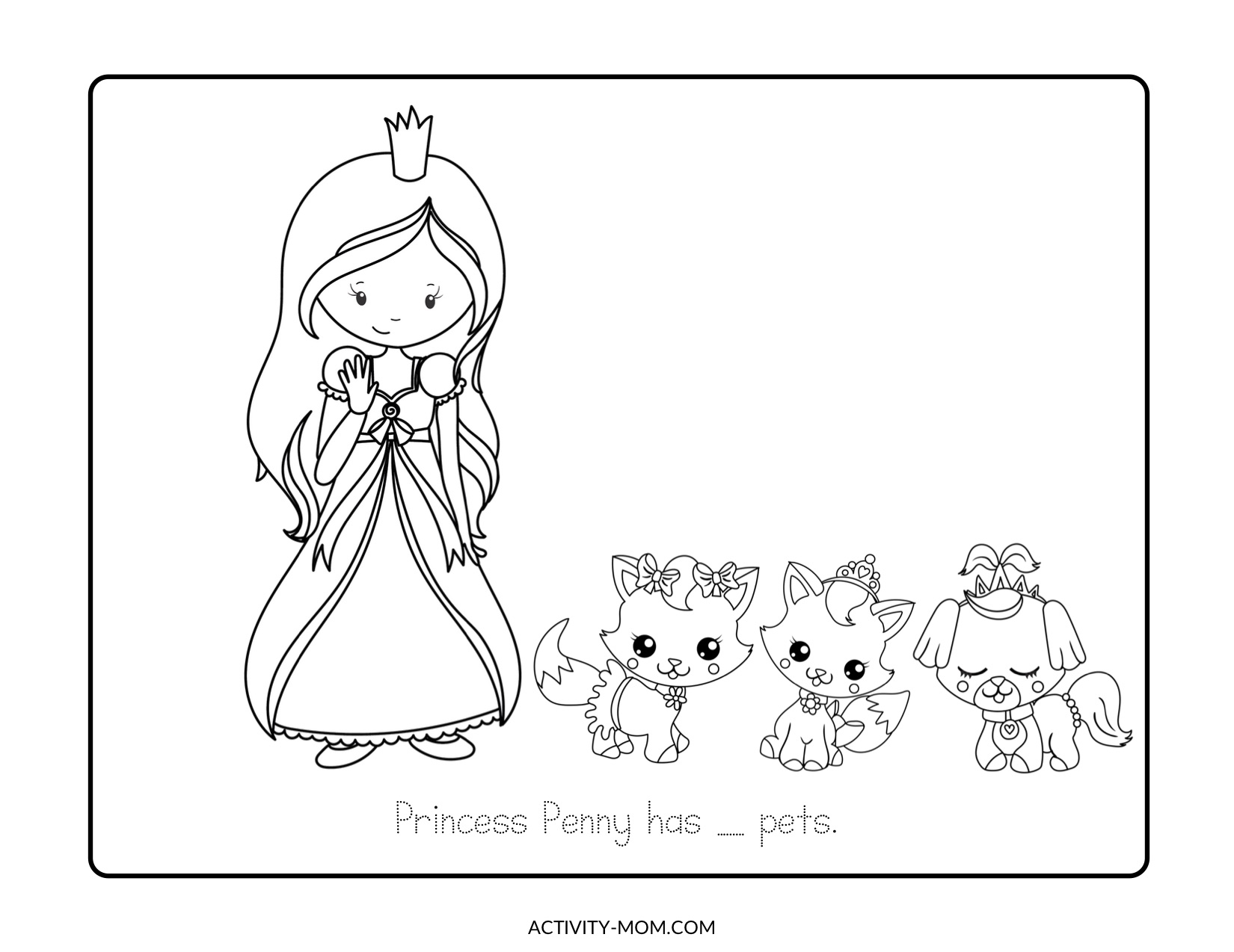 Princess pets count and color activity pages