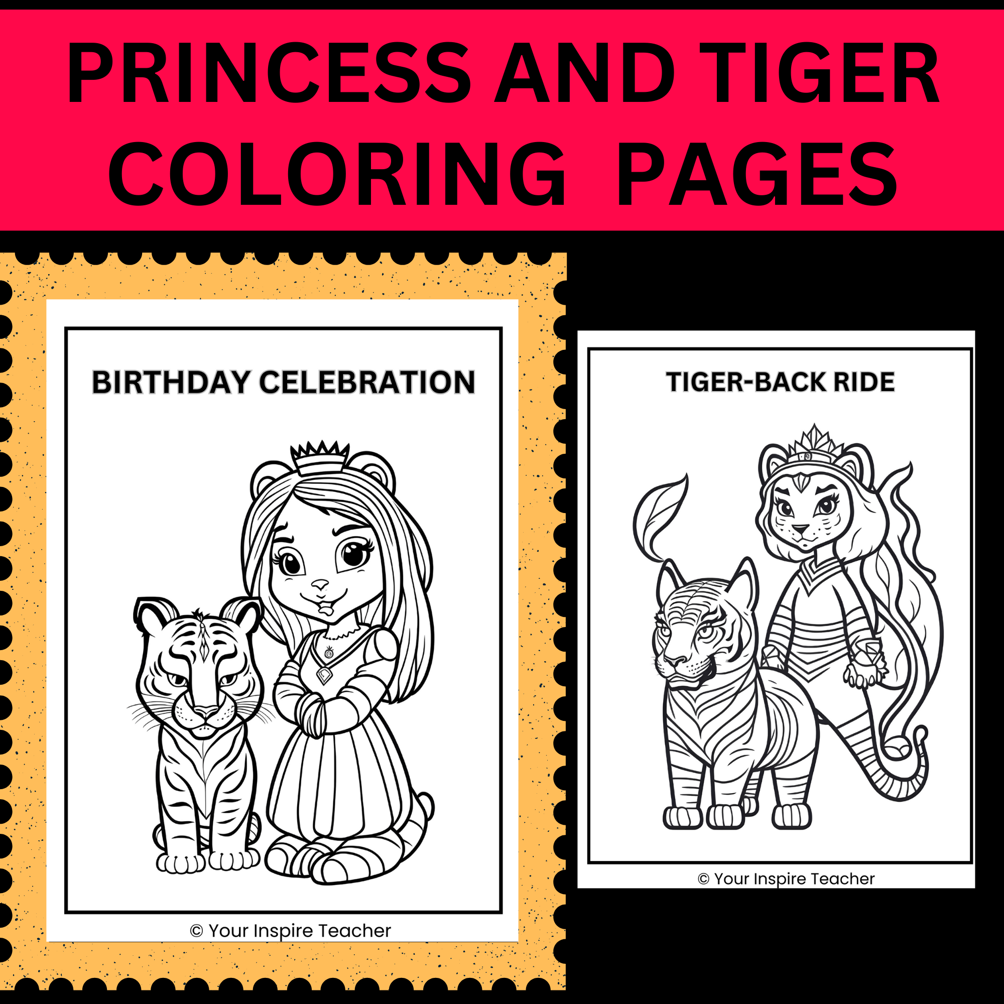 Unique sweet princess and her tiger coloring pages