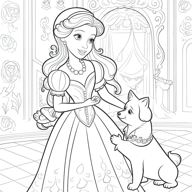 Premium ai image a coloring page of a cartoon princess with a dog