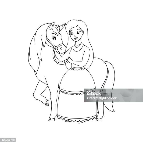 The princess is riding a unicorn coloring book page for kids cartoon style character vector illustration isolated on white background stock illustration