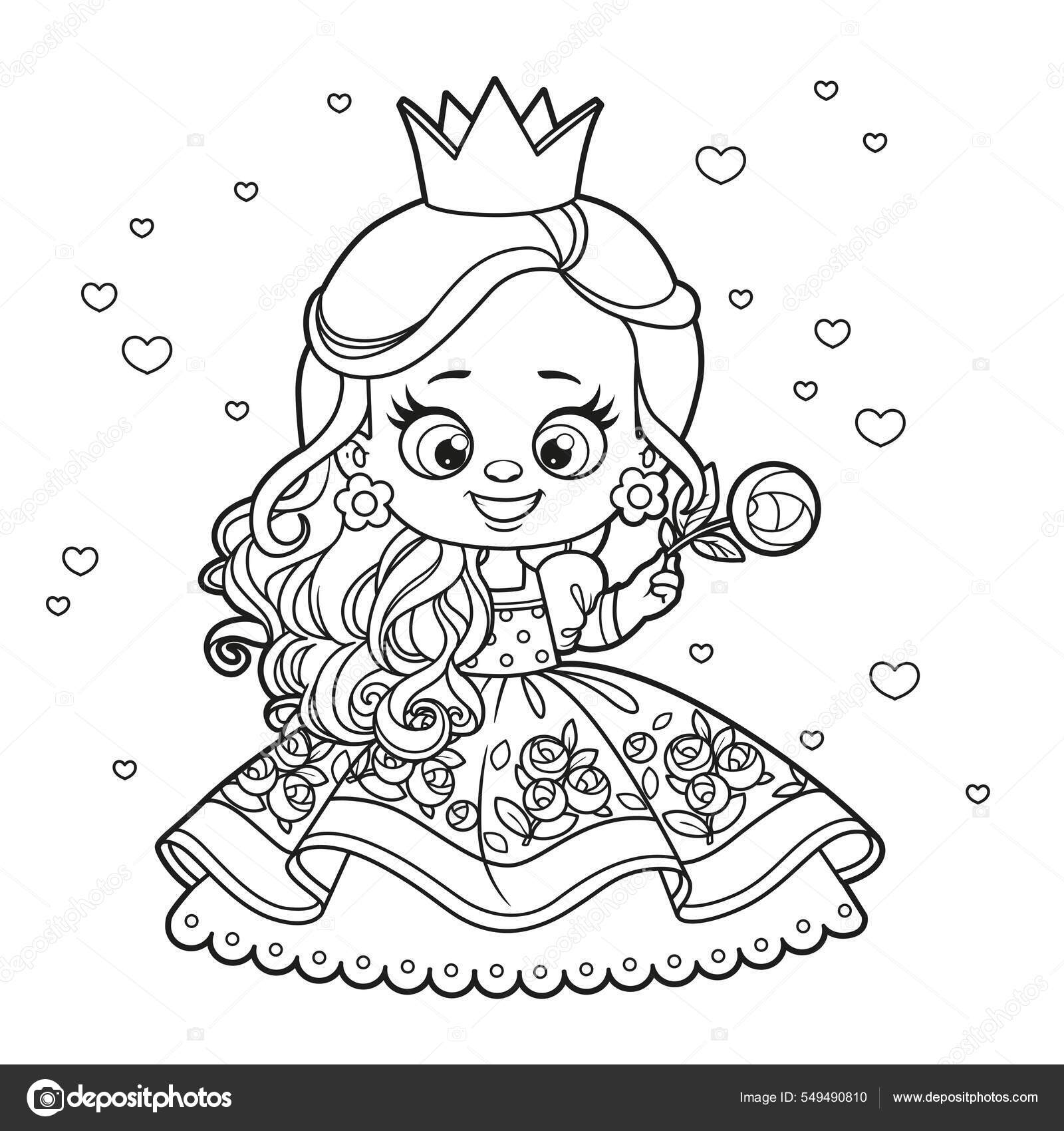 Cute cartoon princess rose flower hand outlined coloring page white stock vector by yadviga