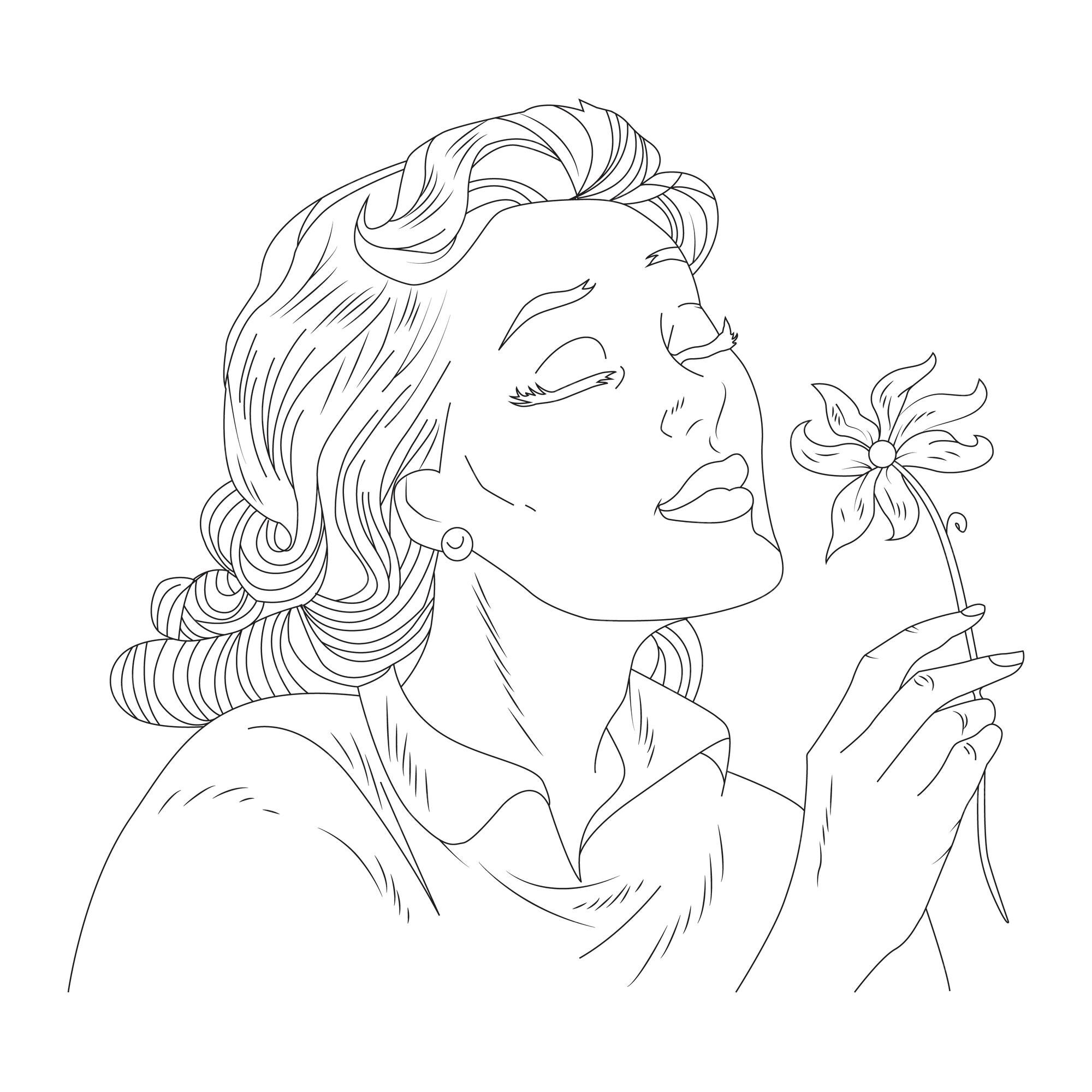 Premium vector princess with a rose coloring page