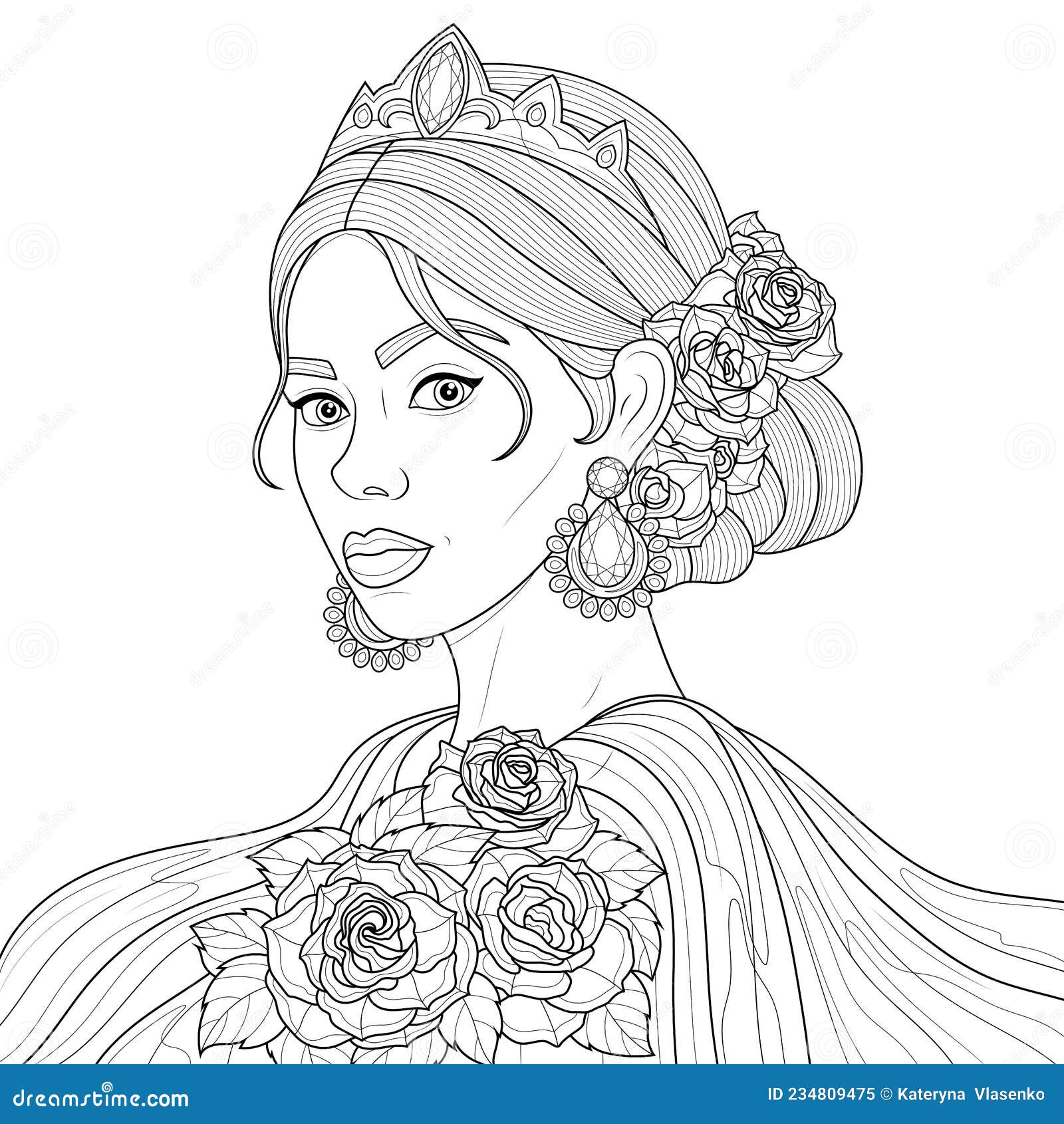 Princess with crown and rosescoloring book antistress for children and adults stock vector