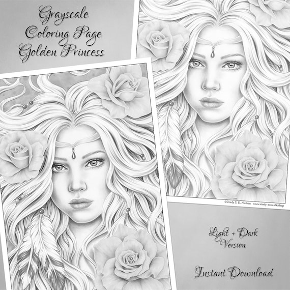 Grayscale coloring page golden princess rose pearls feather fantasy girl zindy nielsen