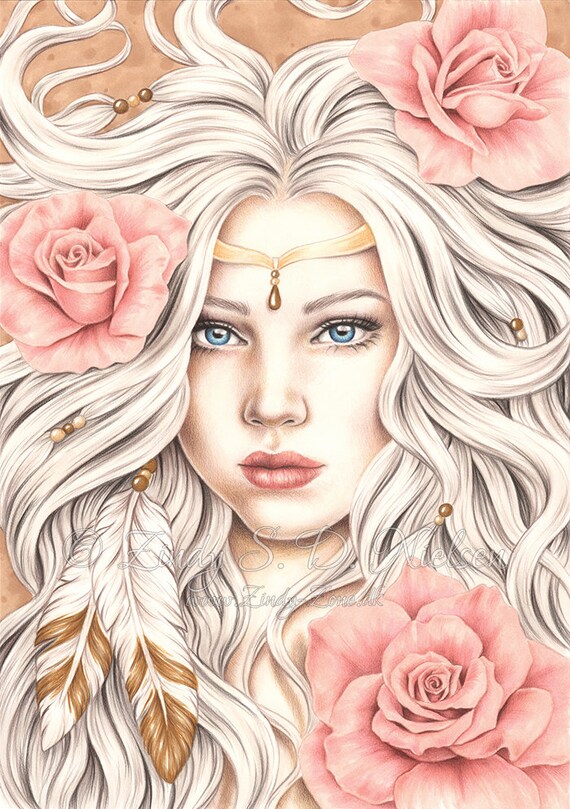 Grayscale coloring page golden princess rose pearls feather fantasy girl zindy nielsen