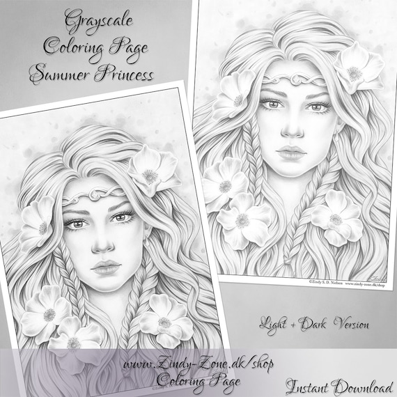 Grayscale coloring page summer princess rosehip flower rose fantasy braids girl zindy nielsen