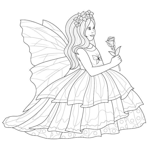 Premium vector a girl dressed as a fairy with a rosecoloring book antistress for children and adults illustration isolated on white background