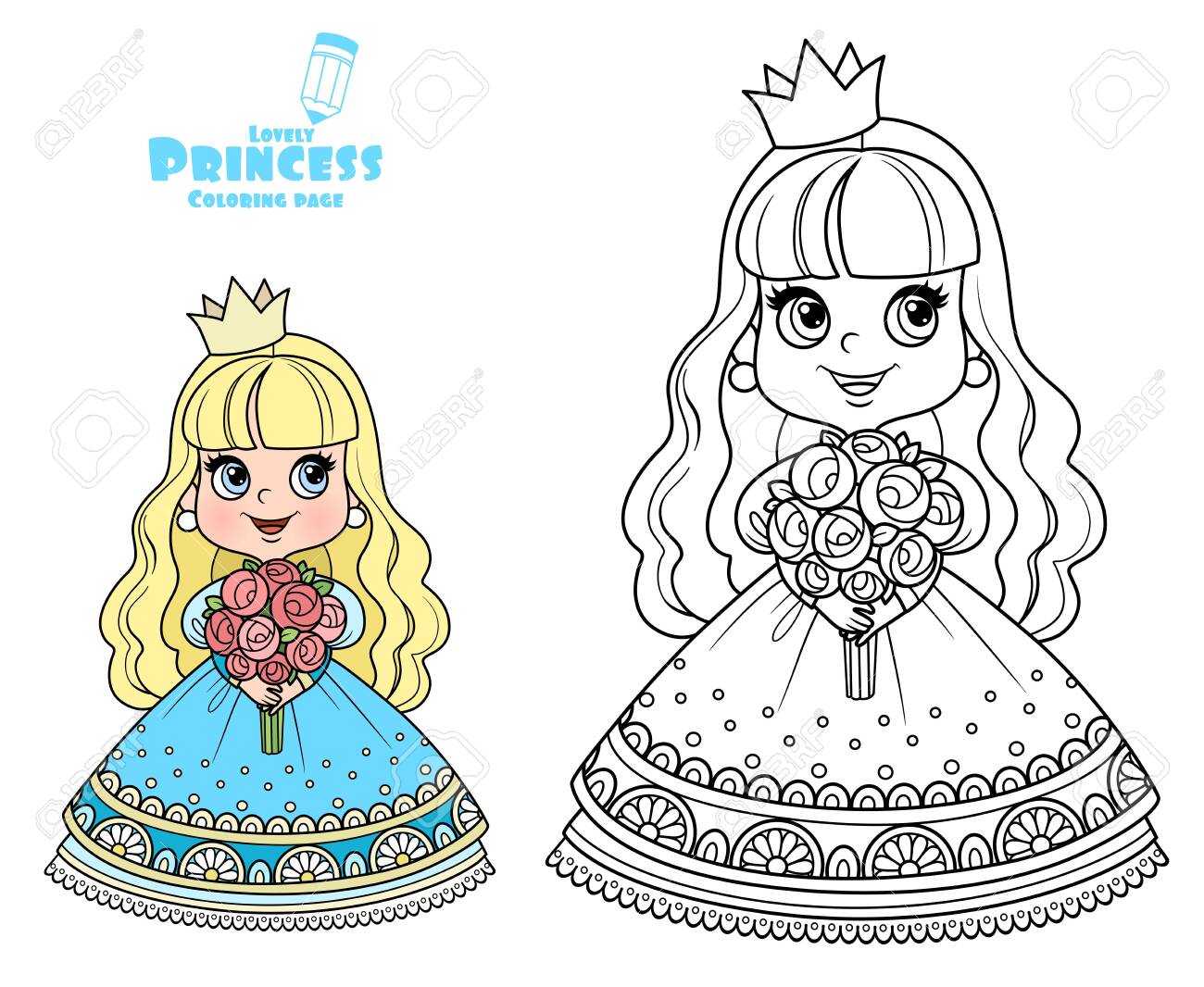 Cute princess in blue dress holding a bouquet of roses in hands outlined and color for coloring book royalty free svg cliparts vectors and stock illustration image
