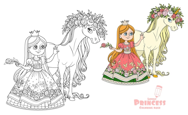 Premium vector beautiful princess with magical unicorn in a magnificent wreath of roses color and outlined picture for coloring book on white background