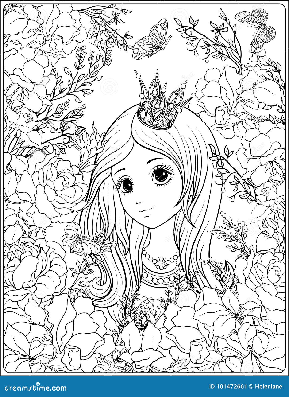 Young nice girl in princess crown in the garden of roses outlin stock vector