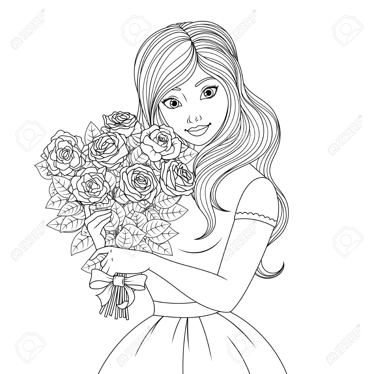 Coloring beautiful fairy princess holding a bouquet of roses in hands vector illustration royalty free svg cliparts vectors and stock illustration image