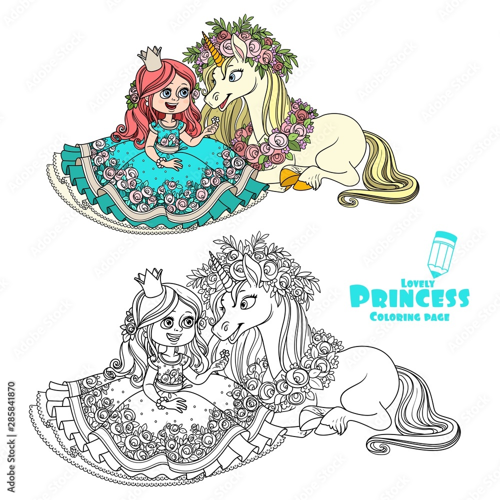 Princess with unicorn in a magnificent wreath of roses color and outlined picture for coloring book on white background vector