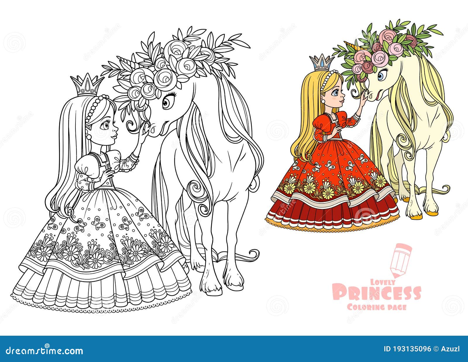 Princess with magical unicorn in a magnificent wreath of roses color and outlined picture for coloring book stock vector