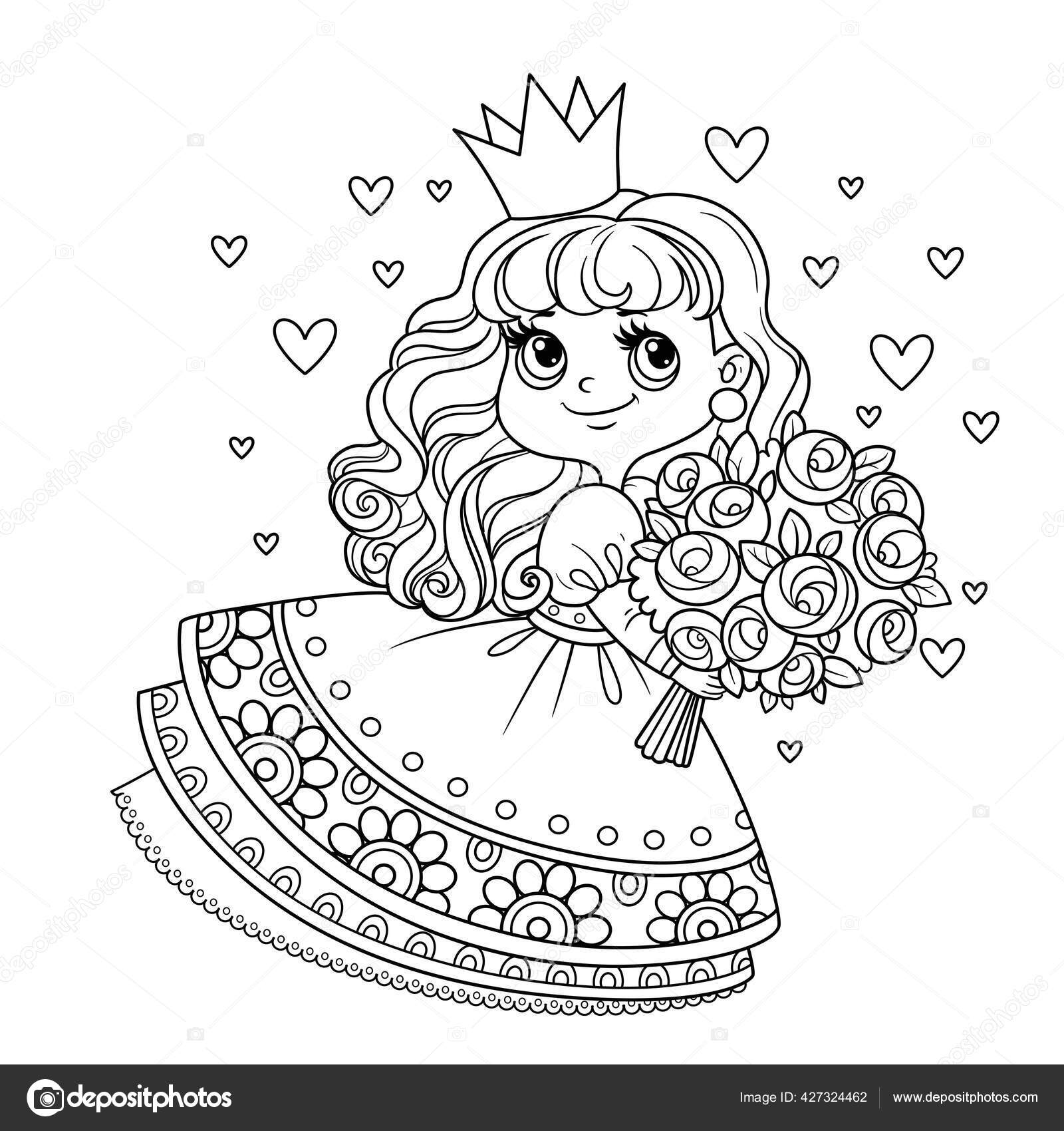 Cute princess lush dress holding large bouquet roses outlined coloring stock vector by yadviga