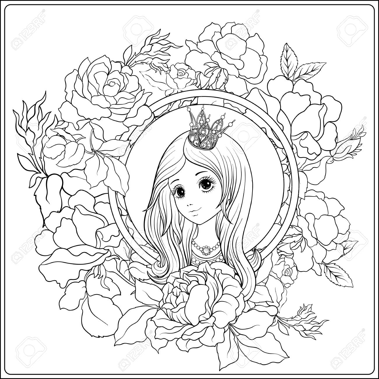 Young nice girl in princess crown in the garden of roses outline drawing coloring page coloring book for adult stock vector royalty free svg cliparts vectors and stock illustration image
