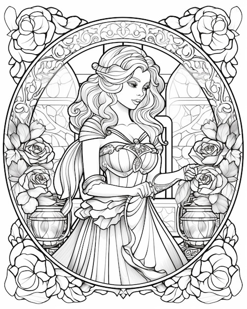 Premium ai image a coloring page of a beautiful princess with roses and roses generative ai