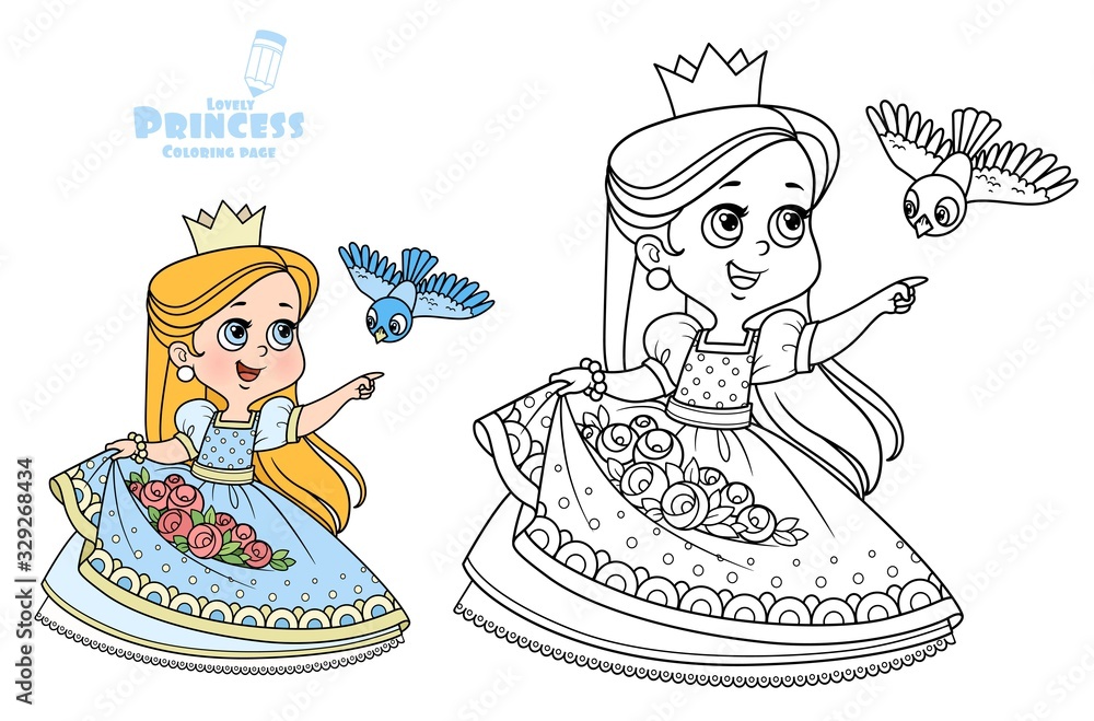 Cute princess with roses flowers in the hem and bird flying to the meeting outlined and color for coloring book vector