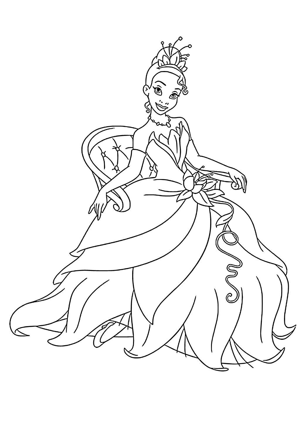Free printable disney princess tiana coloring page for adults and kids