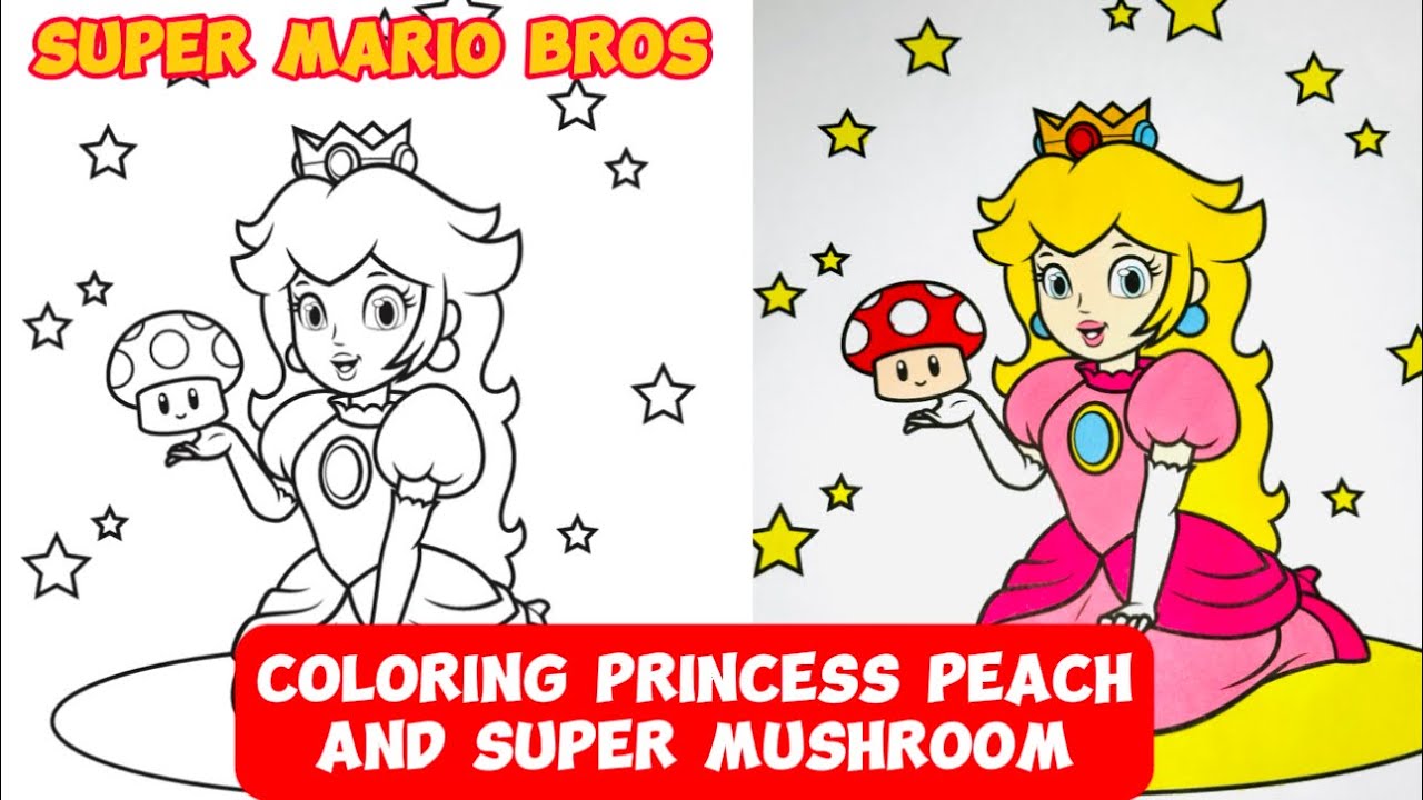 How to color princess peach and super mushroom super mario bros coloring page