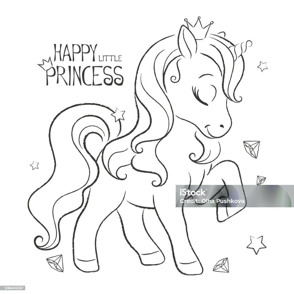 Art happy unicorn happy little princess text coloring pages illustration for fabrics kids fashion artworks children books stock illustration