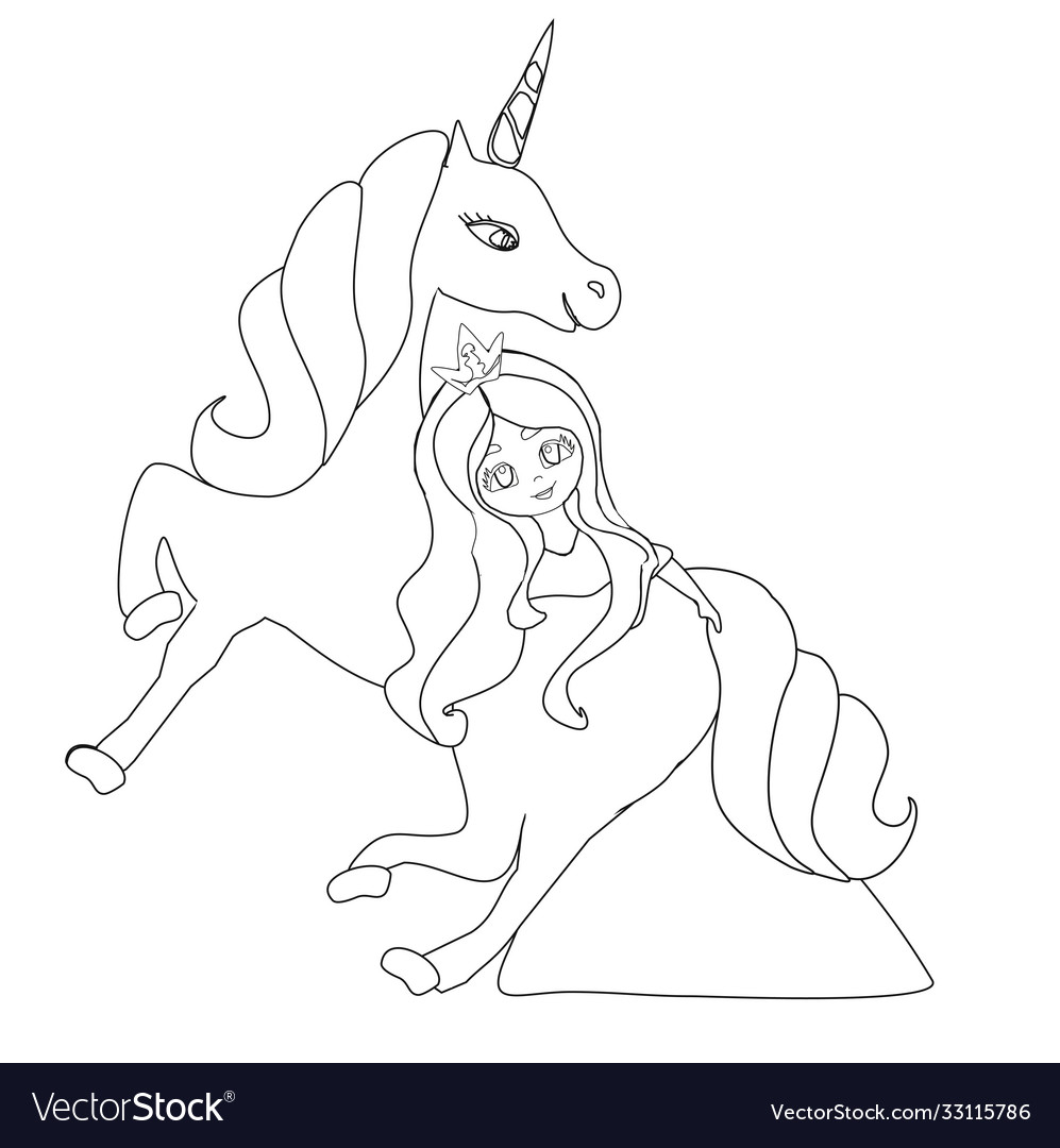 Beautiful young princess and unicorn coloring book