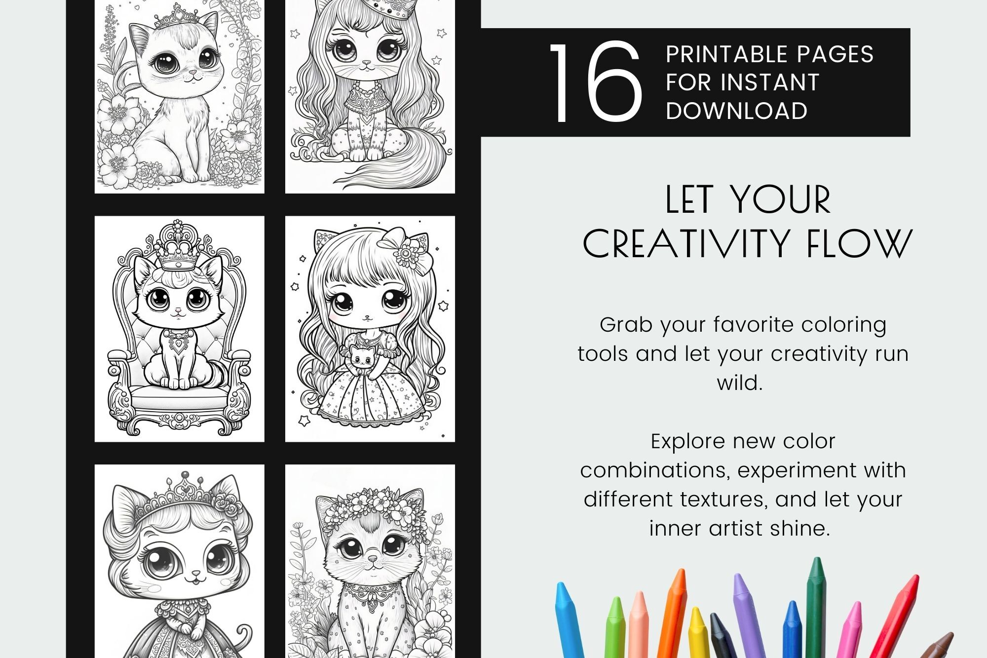 Princess cat coloring book printable coloring page bundle by orange brush studio