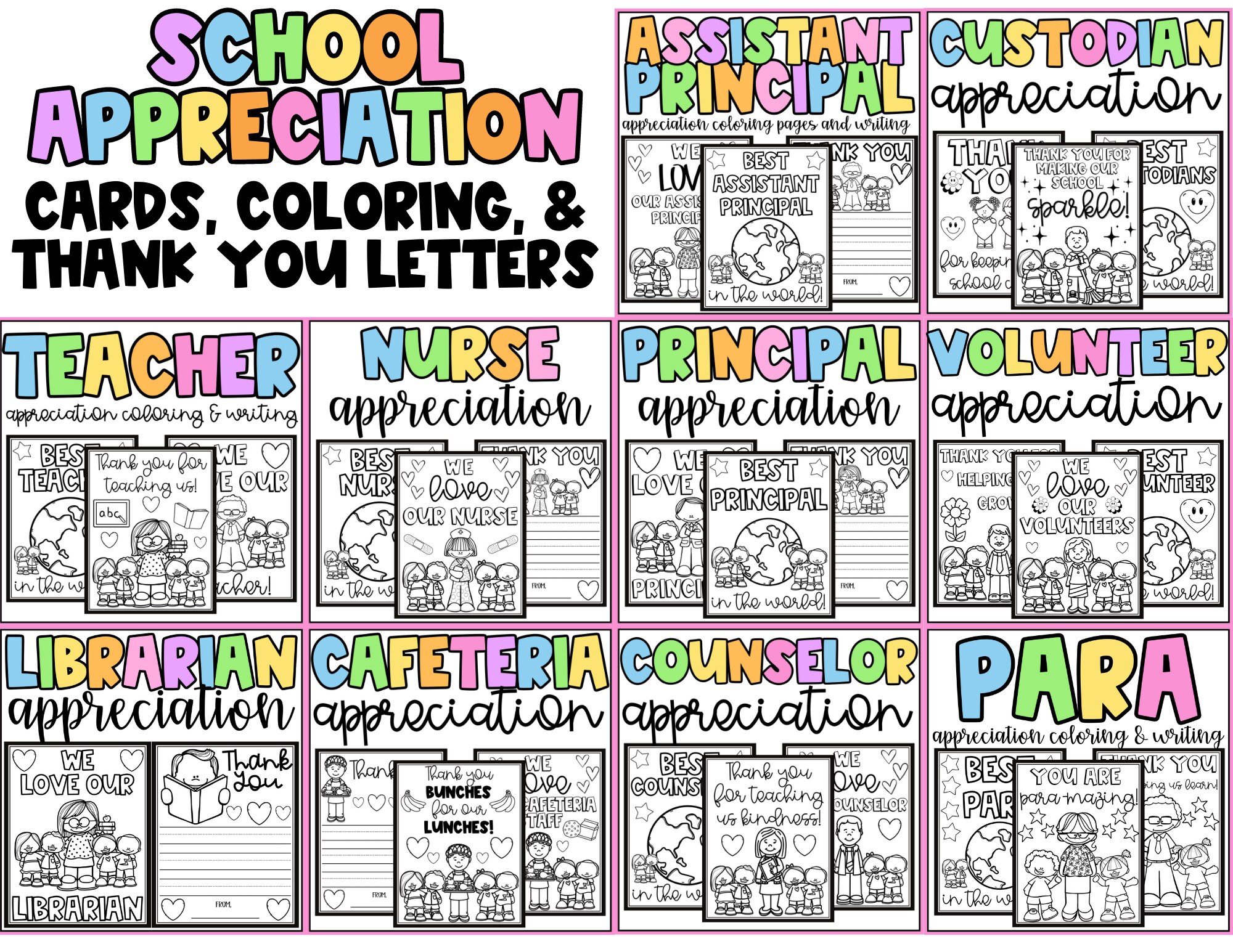 School appreciation day cards coloring principal assistant principal teacher nurse counselor custodian cafeteria para volunteer