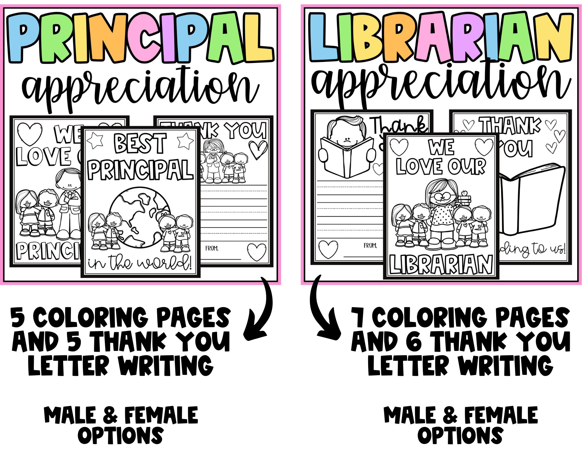 School appreciation day cards coloring principal assistant principal teacher nurse counselor custodian cafeteria para volunteer
