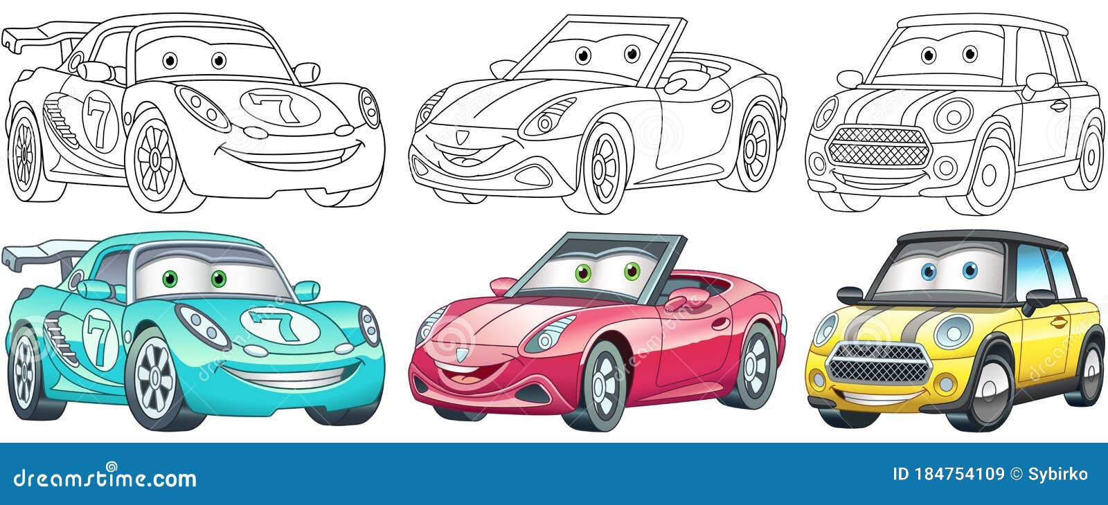 Cartoon cars coloring pages set stock vector