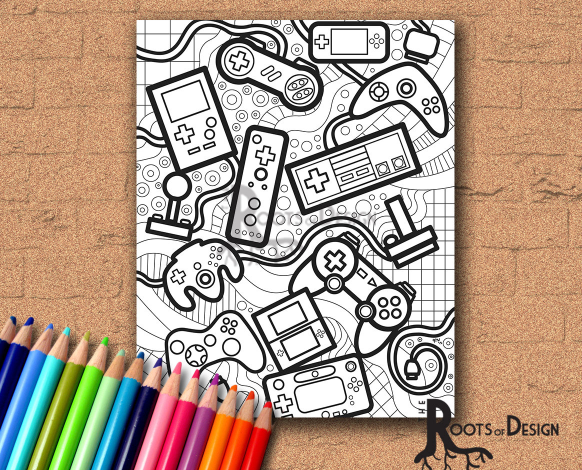 Instant download coloring page video game controllers zentangle inspired doodle art gamer printable