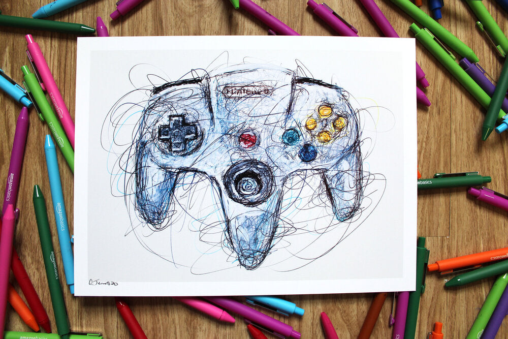 N controller ballpoint pen scribble art print â cody james by cody