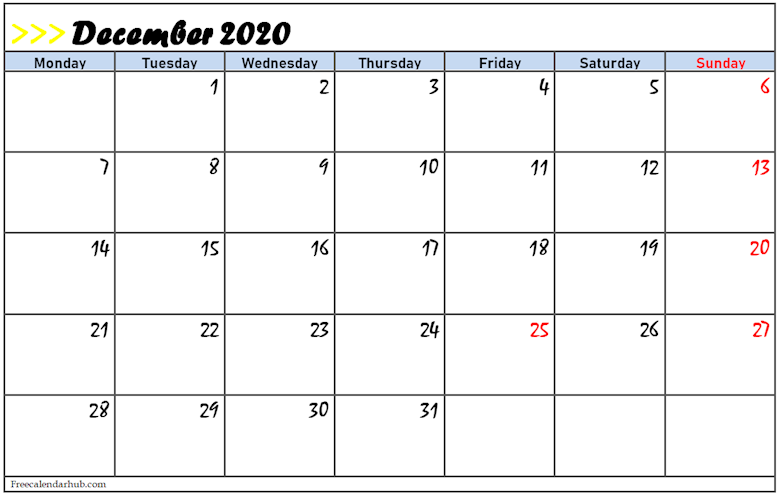 Download free december calendar with holidays