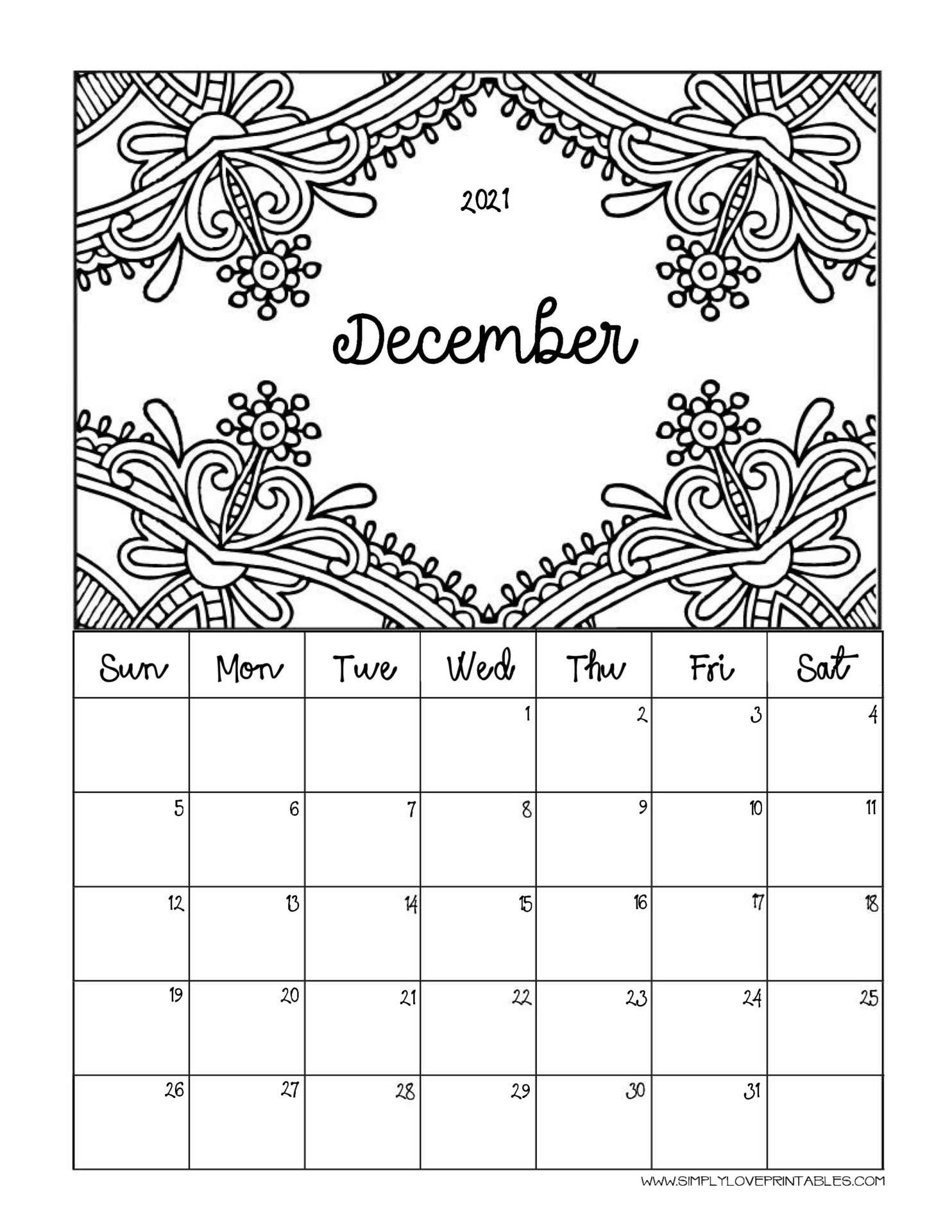 Free printable coloring calendar