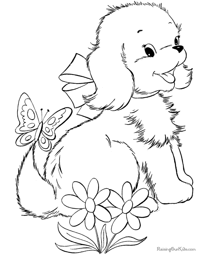 Dog coloring page with butterfly and flowers