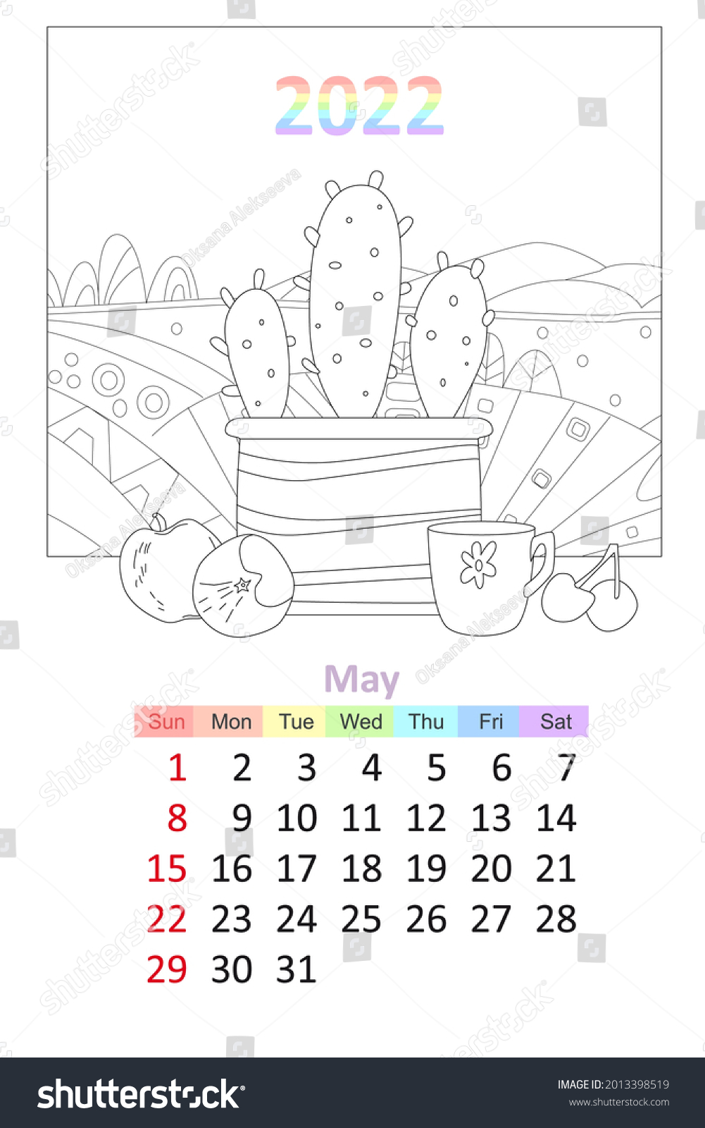 Coloring book calendar cactus houseplants stock vector royalty free