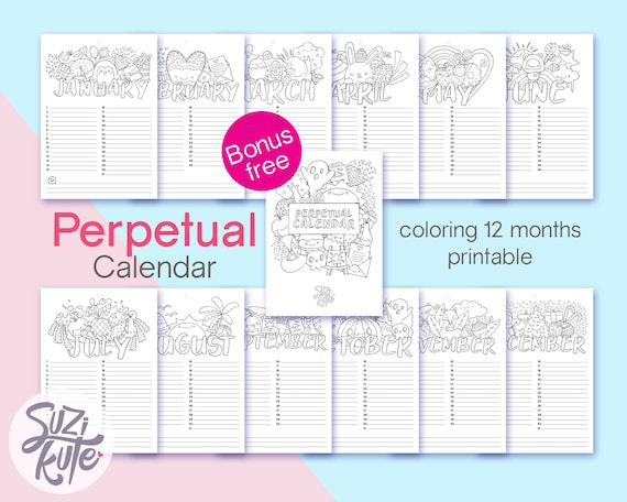 Cute coloring calendar printable months planner coloring printable kawaii coloring page for kids coloring undated calendar