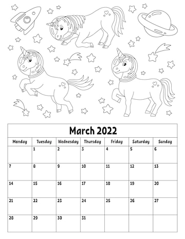 Premium vector vertical calendar for with a cute character coloring page for kids week starts on monday isolated vector illustration cartoon style