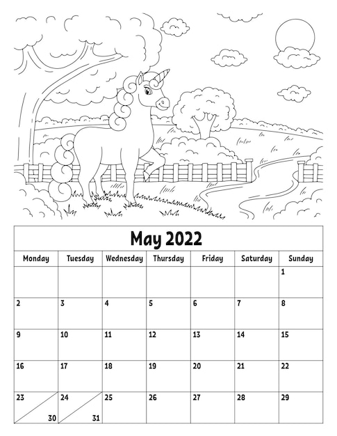 Premium vector vertical calendar for with a cute character coloring page for kids week starts on monday isolated vector illustration cartoon style