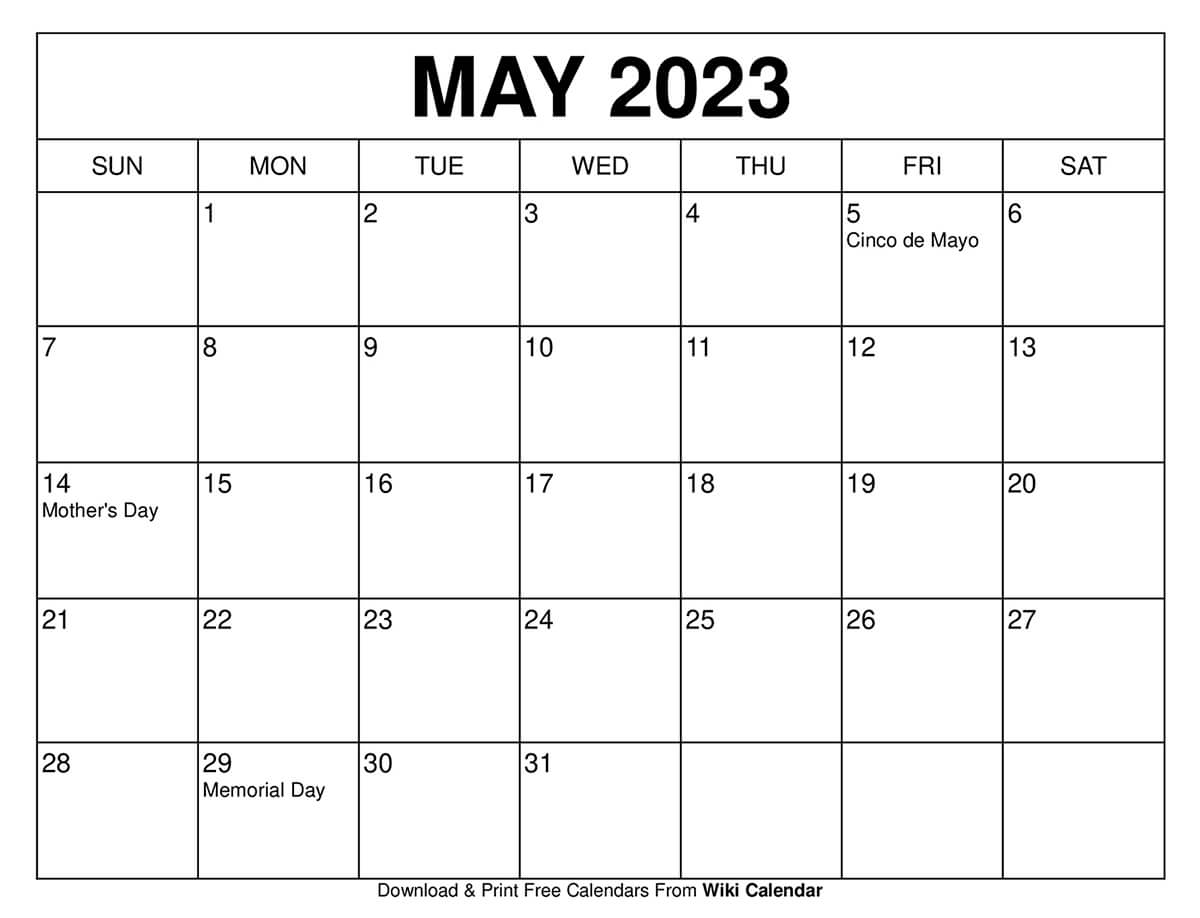Printable may calendar templates with holidays