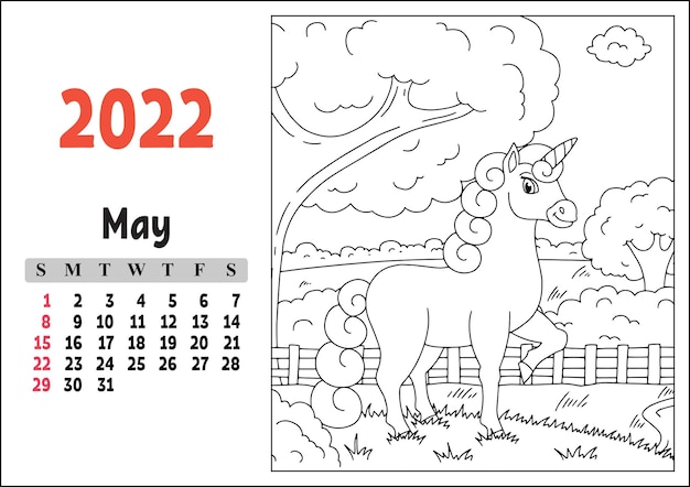 Premium vector calendar for with a cute character fairy unicorn coloring page