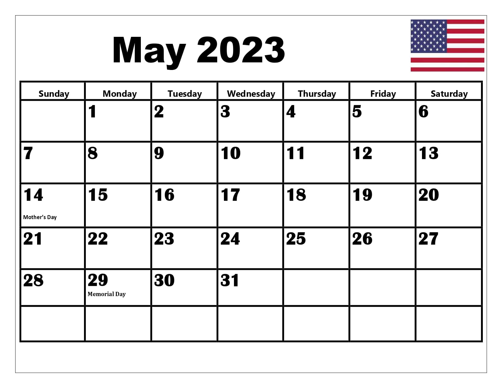 May calendar printable pdf with holiday templates free