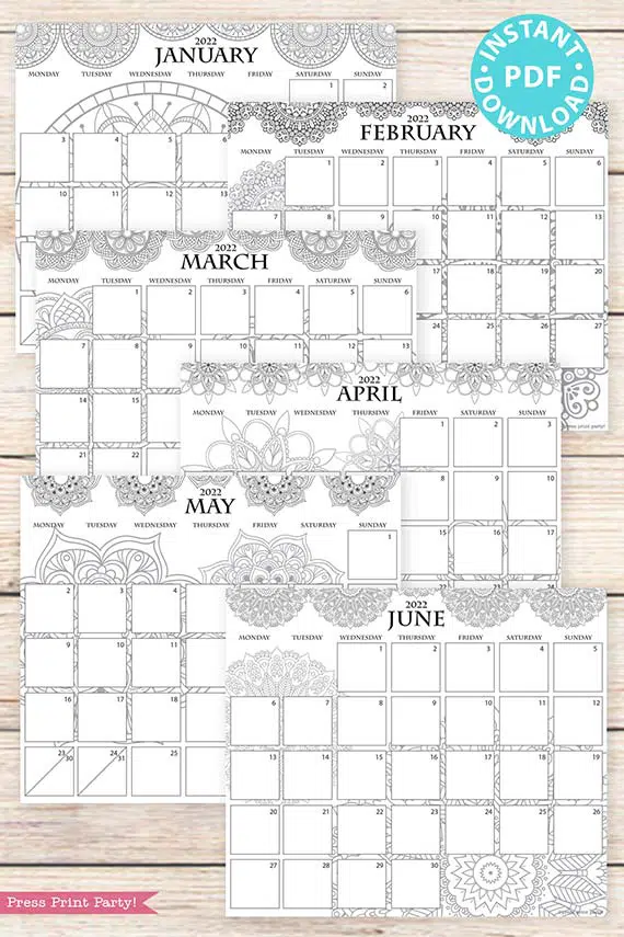 Monday start monthly printable calendars mandala