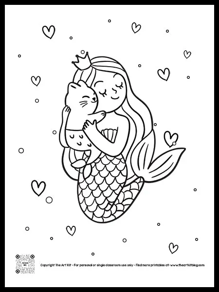 Cute mermaid girl with mermaid cat coloring page free printable â the art kit