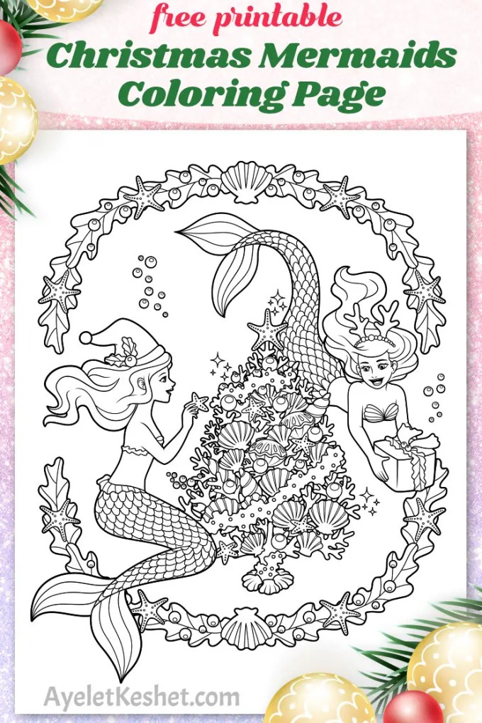 Mermaid christmas coloring page freebie